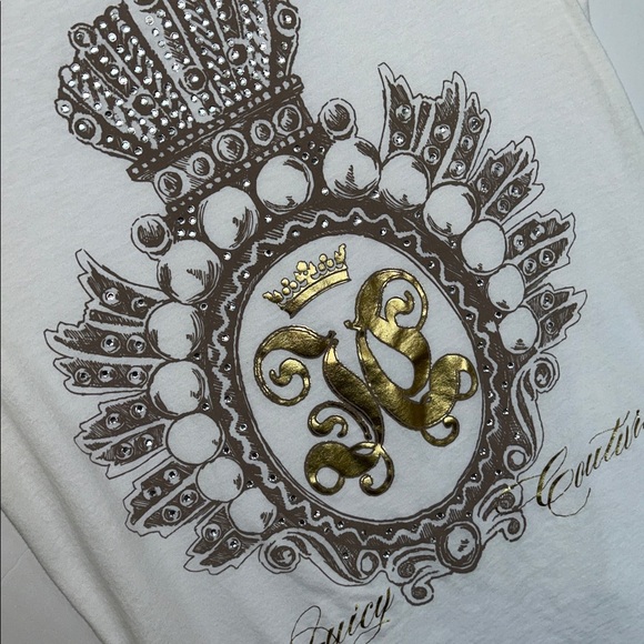 Vintage Juicy Couture White Tee with crystal bling crown & Gold Foil Emblem Y2k - Picture 17 of 17